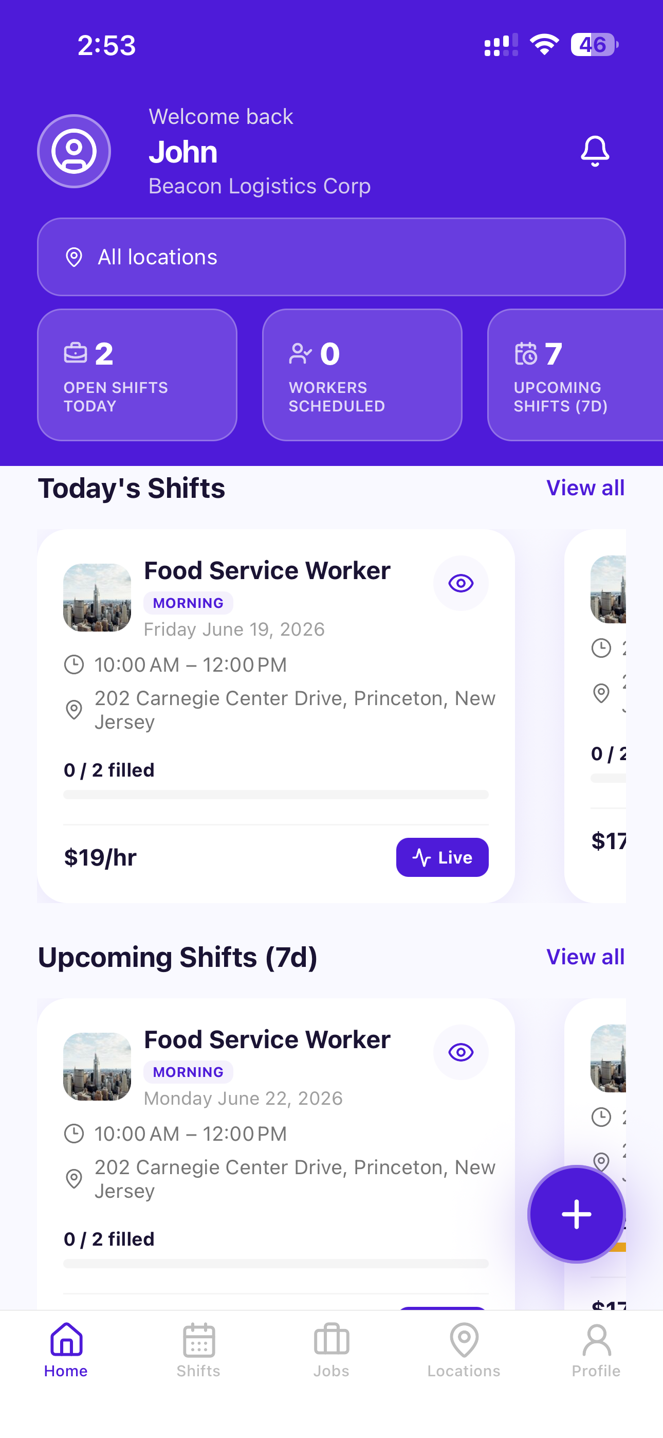 SquadCompass business dashboard — open shifts, workers scheduled, and today's shifts