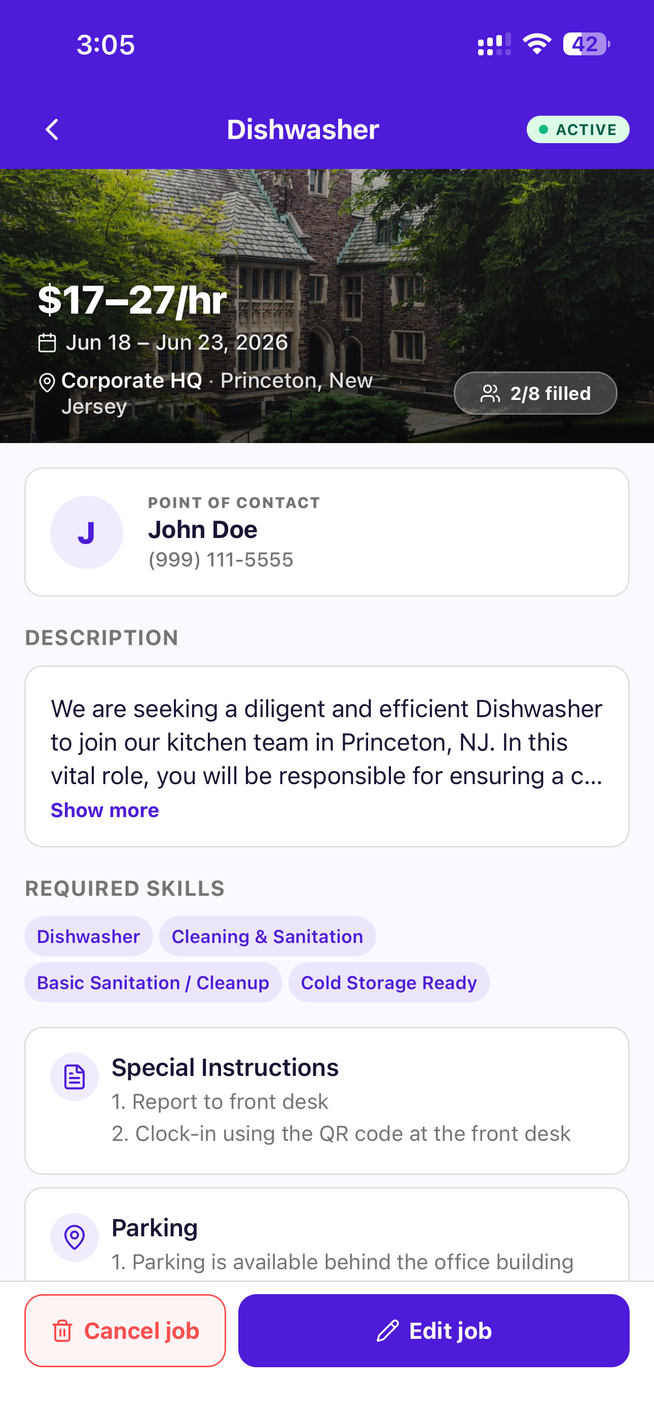SquadCompass business shift detail — role, rate, description, and required skills